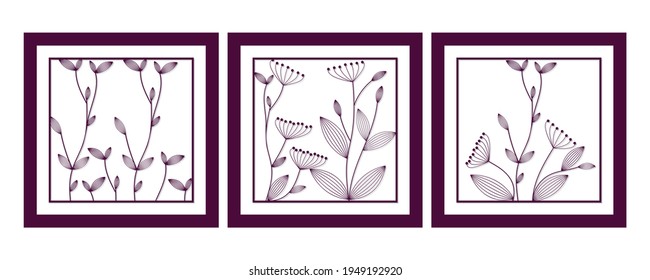 A set of three square cards for paper cut elegant floral patterns in vintage style. Template for laser or plotter cutting.
