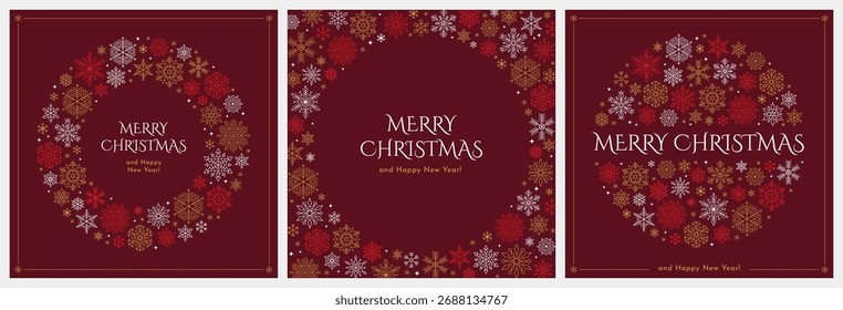 Conjunto de tres tarjetas de Navidad cuadradas con copos de nieve en forma de círculo. Diseño festivo circular para las vacaciones de invierno.