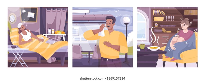 Conjunto de tres síntomas de resfriado cuadrado composiciones con escenarios planos interior y exterior y ilustración vectorial de enfermos