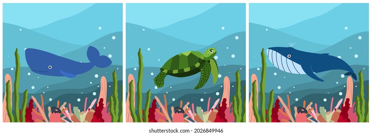 Set of three square composition with underwater landscape with spermwhale, turtle, blue whale. Undersea world habitants print. Hand drawn underwater life collection. Funny cartoon marine