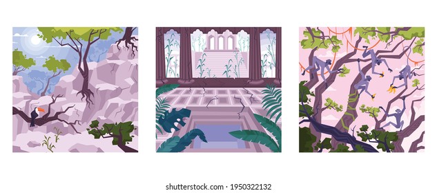Set of three square compositions with flat landscapes cliffs and lianas with monkeys birds and castle vector illustration