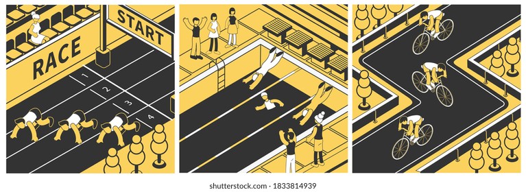 Set of three square compositions with isometric images of summer sport competition with characters of athletes vector illustration