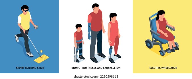 Conjunto con tres composiciones cuadradas de personas de tecnología isométrica con subtítulos de texto e ilustración vectorial de caracteres humanos