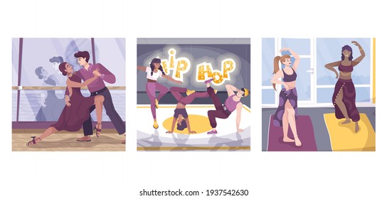 Set of three square dancer compositions with flat human characters in dancing studio environments with partners vector illustration