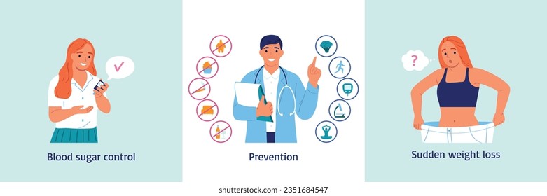 Set with three square diabetes compositions with editable text round icons of prohibited items and people vector illustration