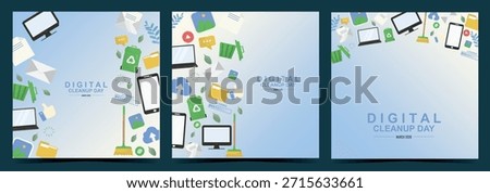 Set of three square digital cleanup day backgrounds. World digital cleanup day concept. Ideal for social media posts. Cleanup data. Digital detox card. Environmental impact of IT. Vector illustration