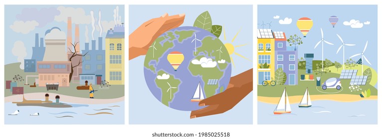 Conjunto de tres composiciones planas de protección ambiental cuadradas con vistas a la fábrica contaminada y a la ecociudad de la ilustración de los vectores