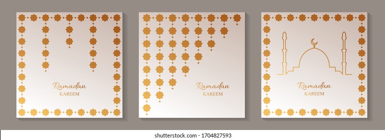 Set of three square greeting cards for ramadan with golden mosque and arabic traditional ornament on a beige background.