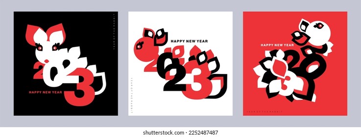 A set of three square greeting cards for the 2023 Chinese lunar New Year of the Rabbit  