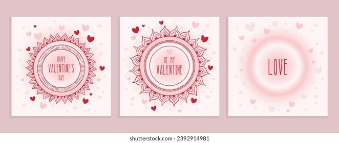 Juego de tres tarjetas de felicitación cuadradas para el Día de San Valentín con flores y corazones. Ilustración vectorial romántica