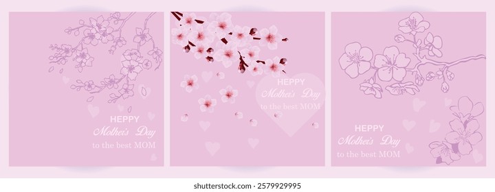 set of three square pink postcards with sakura branches. Happy Mother's Day greetings