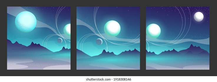 Set of three square posters with abstract cosmic landscape with planets and sattelites in the sky. Vector illustration for posters, banners, social media advertising.