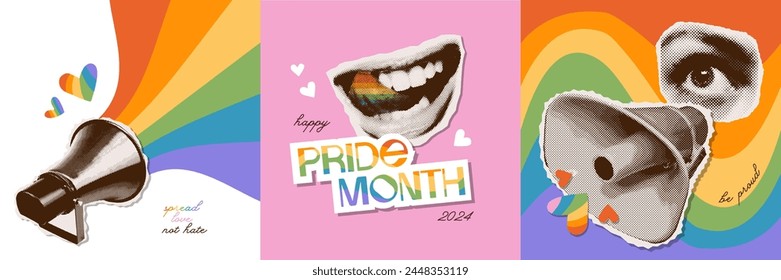 Set of three square posters for pride month with rainbows and hearts in trendy halftone collage style. Mouth, eye, loudspeakers torn out paper stickers. Vector vintage illustration,