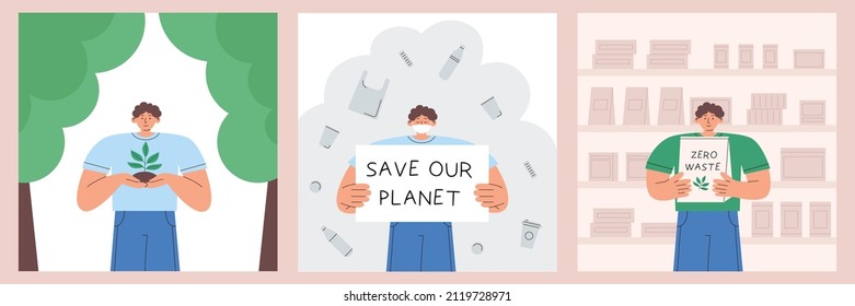 Set of three square posts save planet concept. Man holding sprout, poster calling to save planet on background of pile of plastic garbage, paper bag. Flat vector illustration