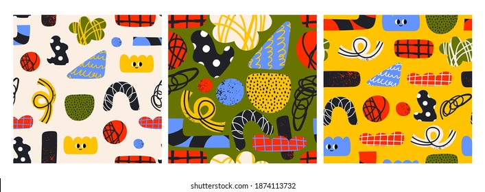 Set of three Square Seamless Patterns. Hand drawn various colorful Shapes and doodle objects. Different textures. Abstract contemporary modern trendy Vector illustration. Background, Wallpaper