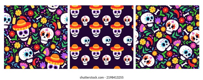 Set of three square seamless patterns for Day of the dead. Backgrounds with skull and floral ornament. Vector illustration for fabric, wrapping paper, textile, wallpaper and apparel.	