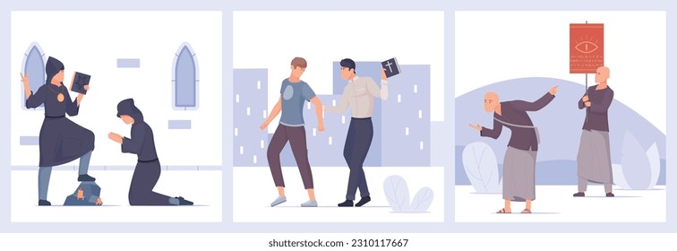 Set with three square sect cult compositions with flat images and human characters of besotted prayers vector illustration