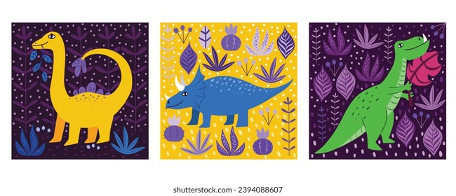 Set with three square shape cards with cute different dinosaurs. Hand drawn childish vector illustration