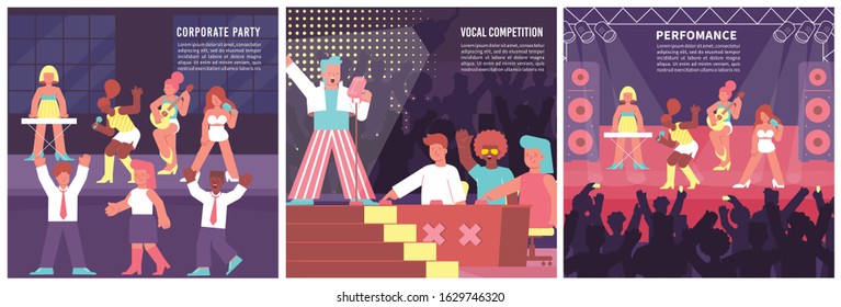 Set with three square singer compositions of editable text and flat human characters of singing musicians vector illustration