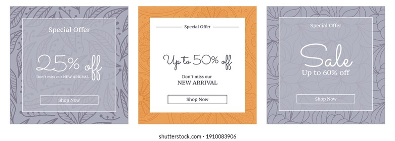 Set of three square social media banners with decorative style backgrounds. Vector Illustration.