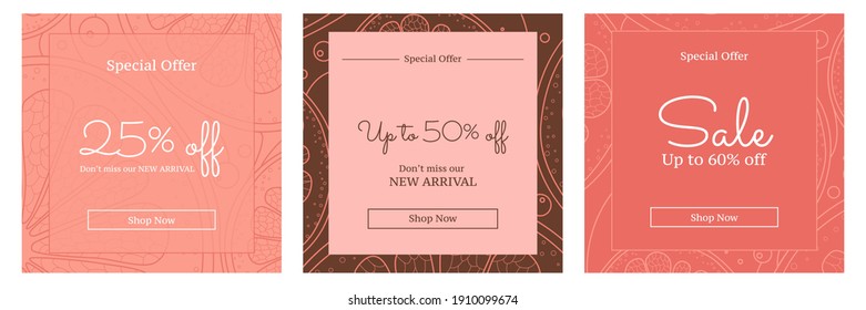 Set of three square social media banners with decorative style citrus backgrounds. Vector Illustration.