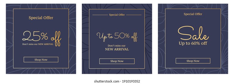 Set of three square social media banners with decorative style backgrounds. Vector Illustration.