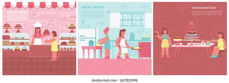 Set of three square sweet compositions with editable text and people cooking and eating confectionery products vector illustration