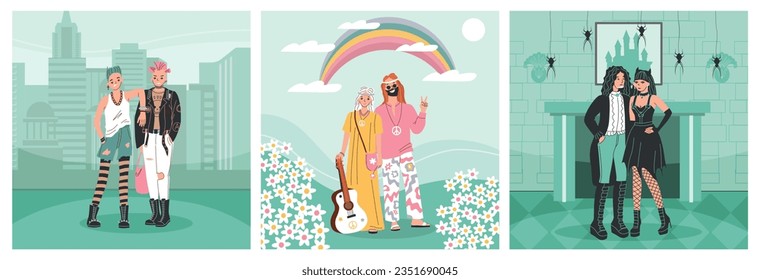 Set of three squre subculture people flat compositions with hippie punks and goth young people characters vector illustration