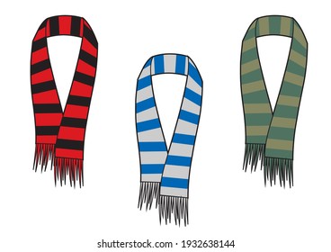 Set of three sriped scarfs. Red, blue and green colors