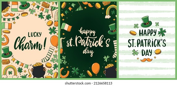 set of three st. Patrick's day cards, posters, prints, banners decorated with lettering quotes, doodles. Good for invitations, templates, etc. EPS 10