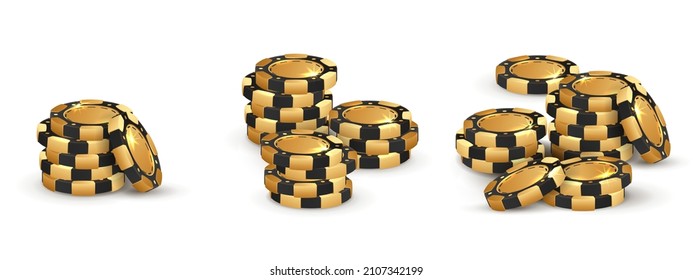 Set of three stacks of golden with black poker chips, tokens on white background. Vector illustration for casino, game design, flyer, poster, banner, web, advertising.