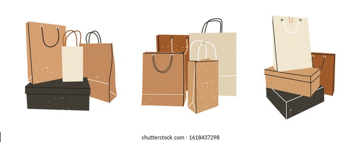 Set of three stacks of Shoe boxes with various craft paper Shopping or gift bags. Sacks for purchases, presents. Hand drawn vector illustration. Shopping, sale concept