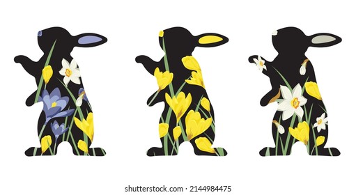 Set of three standing Easter bunnies with spring flowers. Happy Easter. Vector isolated illustrations for holiday cards and banners. Black silhouettes of holiday rabbits.