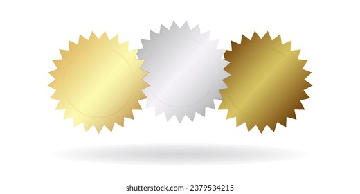 Un conjunto de insignias de tres estrellas en oro, plata y cobre. Ilustración vectorial.