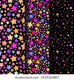 Set of three star multi-colored seamless patterns