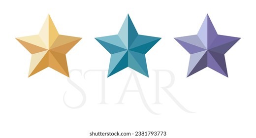 Set of three stars on white background with text star. Yellow, blue and violet stars. Vector illustration	