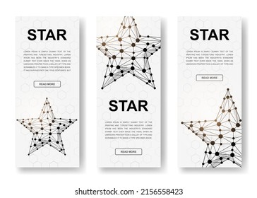 Set of three Stars polygonal vertical banners. 3d Rating low poly symbols with connected dots. Vertical illustration for homepage design.