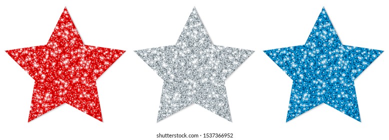 Set Of Three Stars Sparkling Red Silver Blue