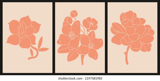 Set of three stencil graffiti posters. Contrasting minimalist vintage backgrounds. Illustration for decor, covers. Silhouettes of hand drawn flowers and leaves on a beige background.