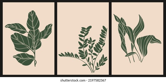 Set of three stencil graffiti posters. Contrasting minimalist vintage backgrounds. Illustration for decor, covers. Silhouettes of hand drawn plants and leaves on a beige background.