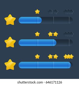 Set of three steps of colorful resource bar with stars isolated on dark background. Vector illustration in cartoon style for game development, gui design.