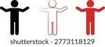 A set of three stick figures in different colors and styles on a pure white background, conveying emotions and actions