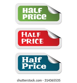 Set of three stickers with the text half price isolated on a white background