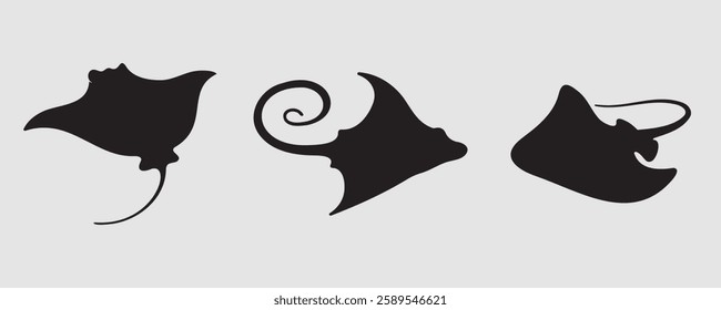 Set of three stingray silhouettes in different shapes and poses, featuring elegant and fluid designs. Perfect for marine-themed designs, logos, or artistic illustrations