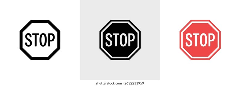 A set of three stop sign icons in black, white, and red colors. Each has an octagonal shape with clear STOP text on a white background.