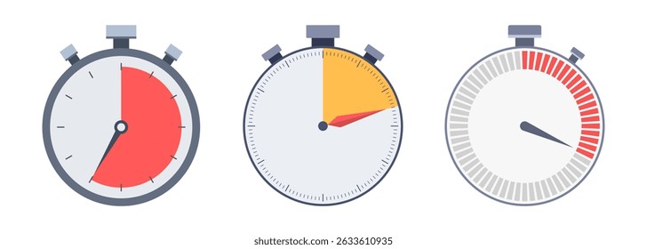 Set of three stopwatch vector color icons. Vector color illustration. Chronometers with time limit factor, deadline concept flat icons. Flat design stopwatchs.