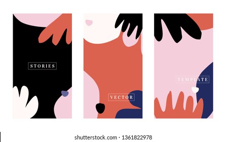 A set of three stories templates with abstract floral shapes in red, pink, purple, white and black. Trendy contemporary collage style flyer, card, brochure, social media post design.
