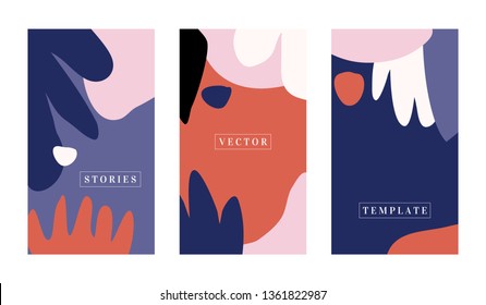 A set of three stories templates with abstract floral shapes in red, pink, purple, white and black. Trendy contemporary collage style flyer, card, brochure, social media post design.
