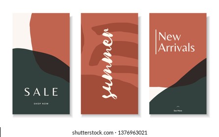 A set of three stories templates with abstract botanical and organic shapes in brown, dark green, orange and cream. Trendy contemporary collage style flyer, card, brochure, social media post design.