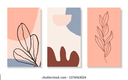 Un conjunto de tres plantas con formas botánicas y orgánicas abstractas en marrón, rosa pastel, azul claro y crema. Volante moderno estilo collage, tarjeta, folleto, publicación en medios sociales.
